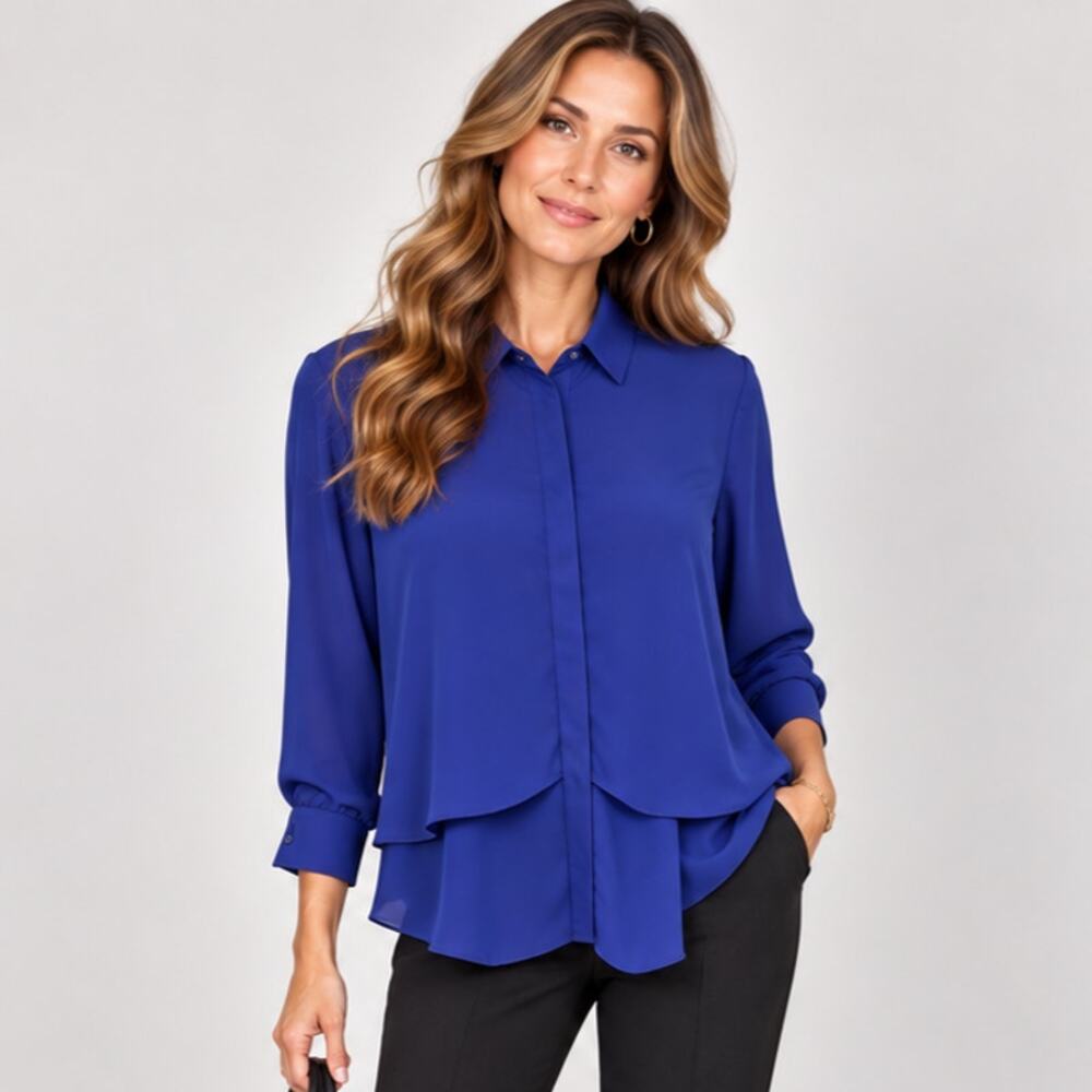 APT 9 Button Up Blouse Women's Size L Cobalt Blue Classic Office Career Casual